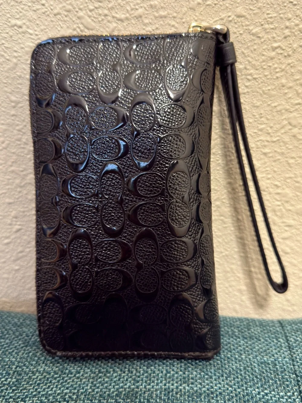 Coach Black Patent Signature Wristlet with Gold Logo